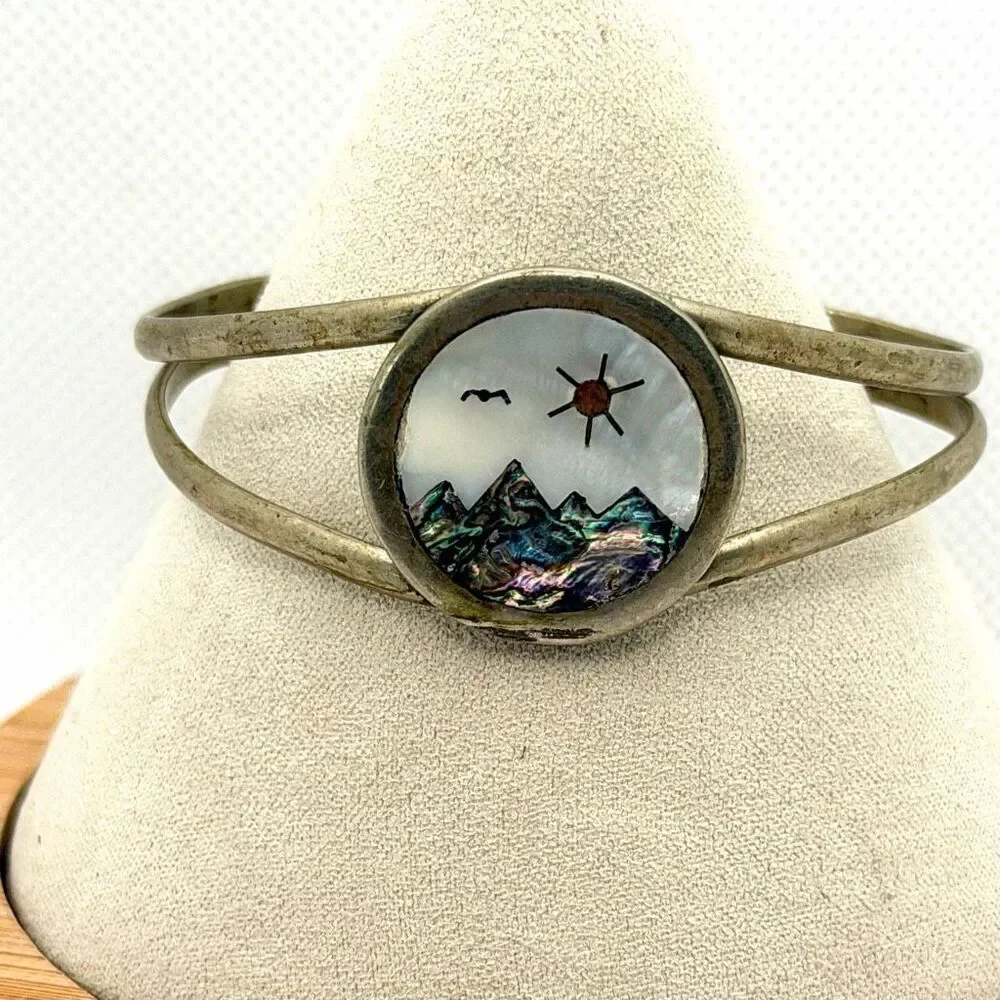 Vintage Mother of Pearl Abalone Mountain Landscape Cuff Bracelet